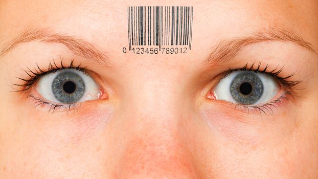 Women eye, close-up, minimum make-up, barcode