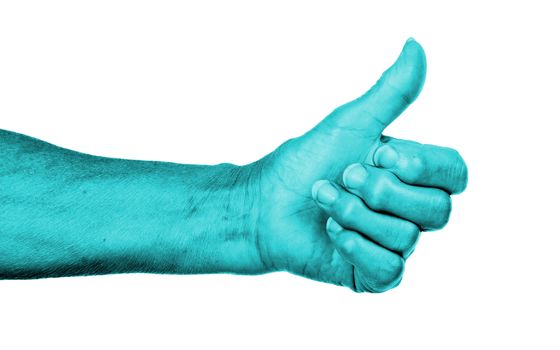 Old woman with arthritis giving the thumbs up sign, blue skin