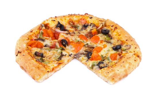 Vegetarian Pizza with Tomatoes, Black Olives and Cheese without One Slice isolated on white background