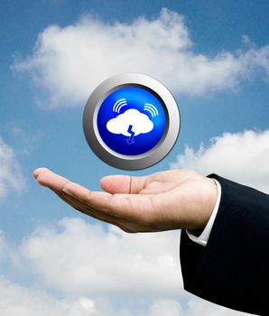 Cloud computing concept, Businessman carry cloud icon with cloudy background