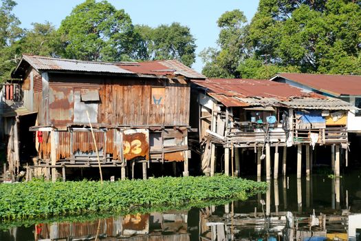 older wood home,Slum near a river