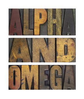 The words ALPHA AND OMEGA isolated and written in vintage letterpress type