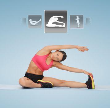 sporty woman stretching on the floor with virtual application