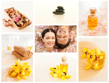 collage with romantic couple in spa and different still life images