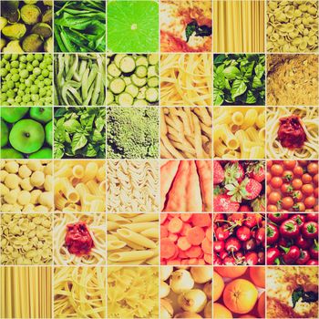 Vintage retro looking Food collage including pictures of vegetables, fruit, pasta and more