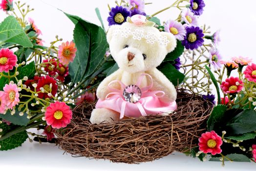 Nest with a Teddy Bear on a blooming background