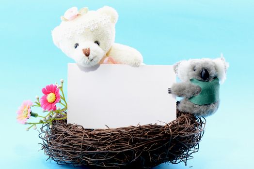 Nest with a blank white card held by a toy teddy bear and koala on a blue background