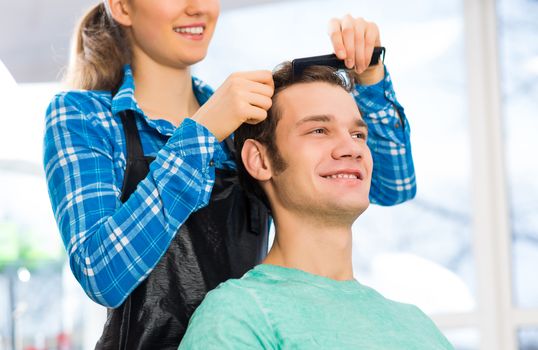 young attractive woman hairdresser hairstyle customer picks