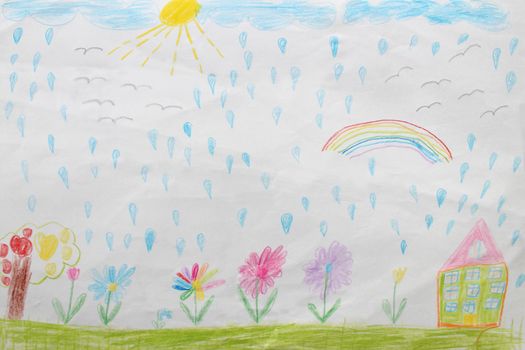 image of children's drawing of house flowers and rainbow