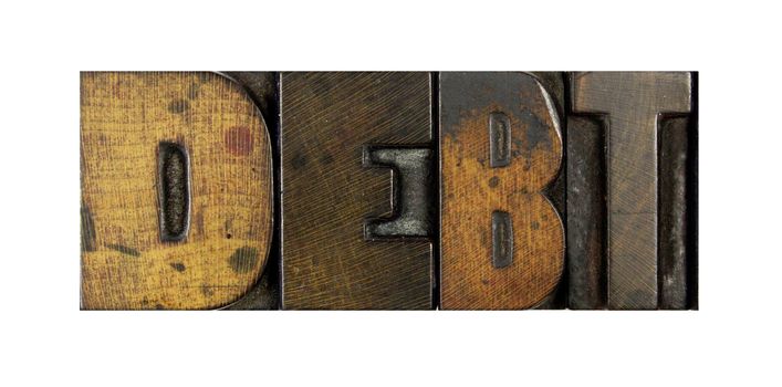 The word DEBT written in vintage letterpress type