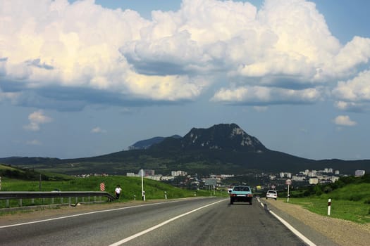 Wide highway and landscape. North Caucasus travel.