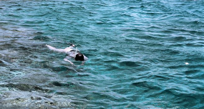 Woman photographer diving into water of Red sea