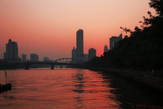 Sunset over Pearl river. Summertime evening in Guangzhou