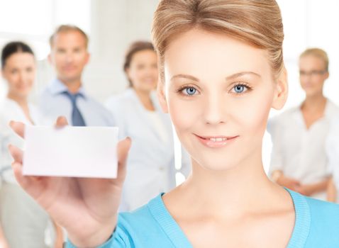 happy woman with blank business or name card