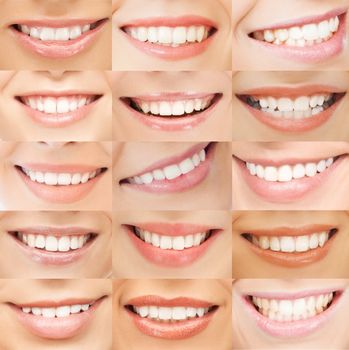 healthcare, medical and stomatology concept - examples of female smiles