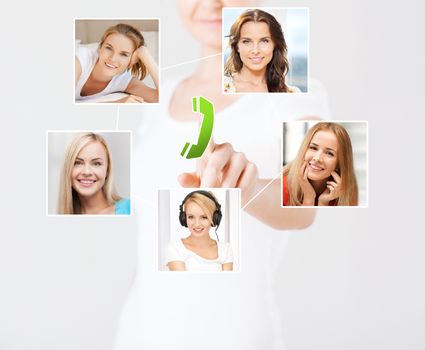 technology and communication - woman pressing button on virtual screen with contact icons