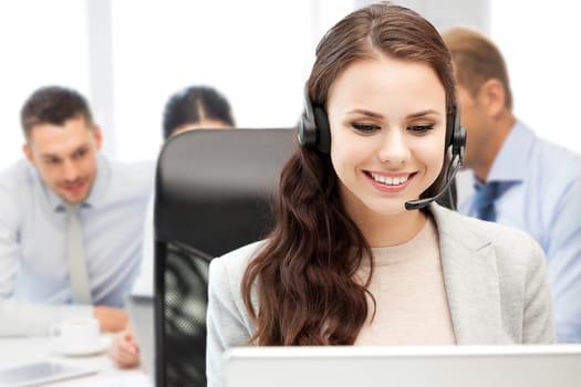 business, technology and call center concept - helpline operator with headphones in call centre