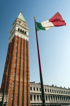Campanile di San Marco and the Italian flag, Venice.