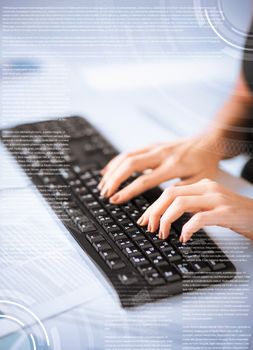 business, education and technology concept - woman hands typing on keyboard