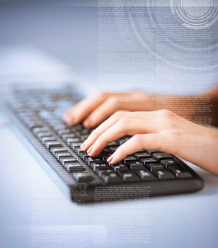 business, education and technology concept - woman hands typing on keyboard