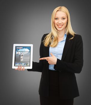 business, technology, internet and news concept - woman showing tablet pc with news app