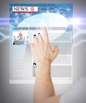 business, technology, internet and news concept - man with virtual screen reading news