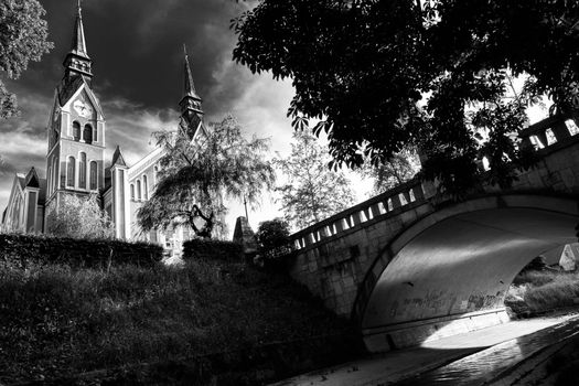 Trnovo Church also Church of St. John the Baptist, Ljubljana capital of Slovenia, Europe. Dramatic light black and white photo