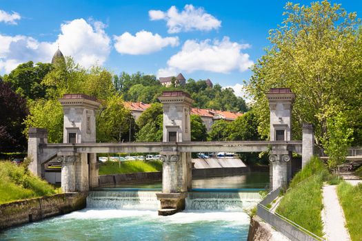 Sluice on the River Ljubljanica, Ljubljana, Slovenia was designed by famous architect Joze Plecnik.