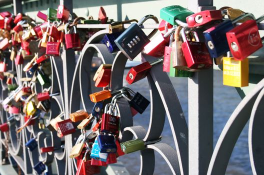 FRANKFURT AM MAIN, GERMANY, MAY The 4th 2014: Eiserner Steg bridge in Frankfurt, Germany, where thousands of couples showing their everlasting love, by attaching a padlock to the bridge.