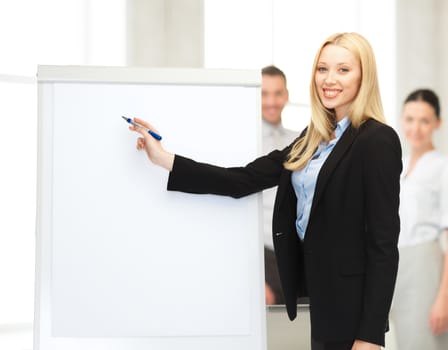 bussiness, meeting and education - businesswoman with flipchart in office