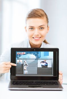 business, technology, internet and news concept - woman showing laptop pc with news app