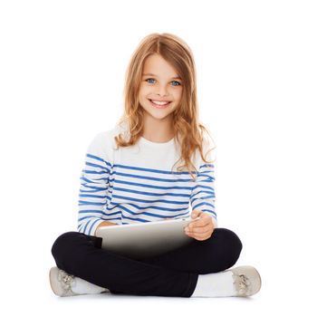 education, technology and internet concept - little student girl with tablet pc