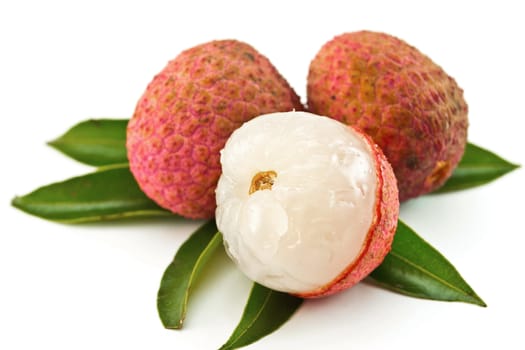 fresh lychees on white background