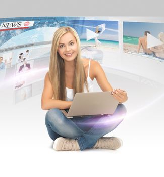 technology, internet, tv and news concept - young woman with tablet pc and virtual screens