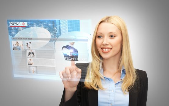 business, technology, internet and networking concept - businesswoman pressing buttons on virtual screen