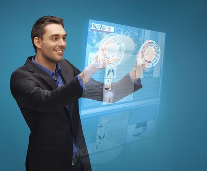 business, technology, internet and networking concept - businessman pressing buttons on virtual screen