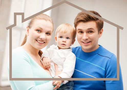 home, real estate and family concept - family with child and dream house