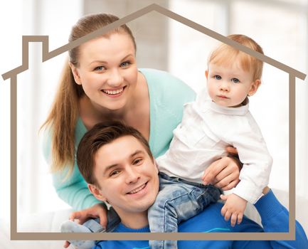 home, real estate and family concept - family with child and dream house