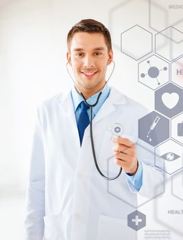 healthcare, medical and future technology concept - male doctor with stethoscope and virtual screen