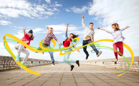 summer, sport, dancing and teenage lifestyle concept - group of teenagers jumping