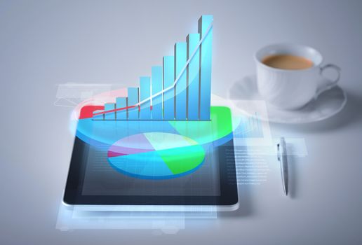 business and technology concept - tablet pc with virtual graph or chart