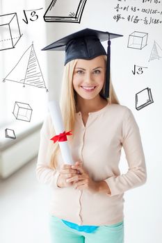 education and school concept - happy student in graduation cap with certificate