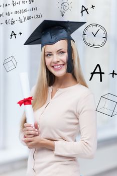 education and school concept - happy student in graduation cap with certificate