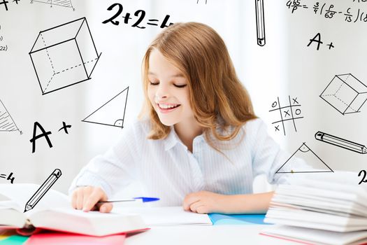 education and school concept - little student girl studying at school