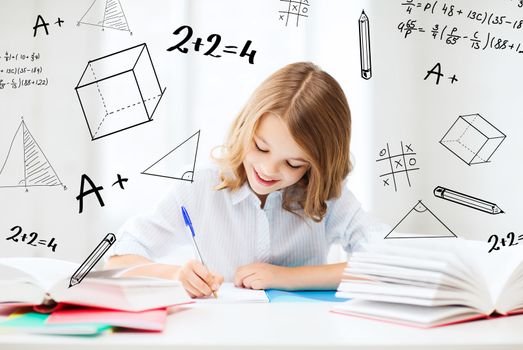 education and school concept - little student girl studying at school