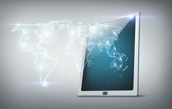 business and technology concept - tablet pc with world map