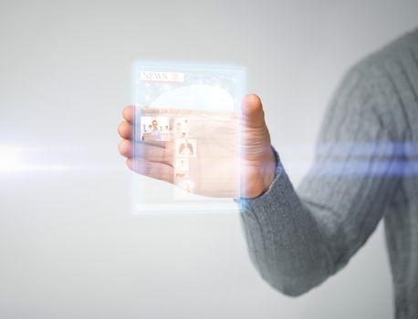 business, technology, internet and news concept - man showing tablet pc with news app