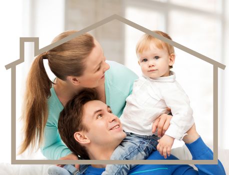 home, real estate and family concept - family with child and dream house