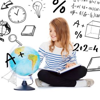 education and school concept - little student girl looking at globe and holding book