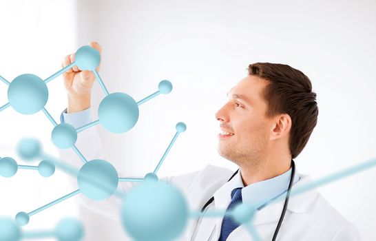 healthcare, medical and technology concept - young doctor with molecules